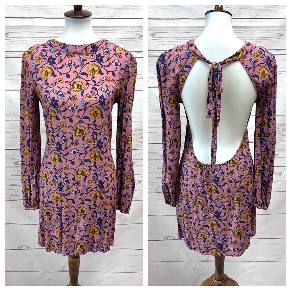 For Love & Lemons Dusty Mauve Backless Floral Long Sleeve Dress